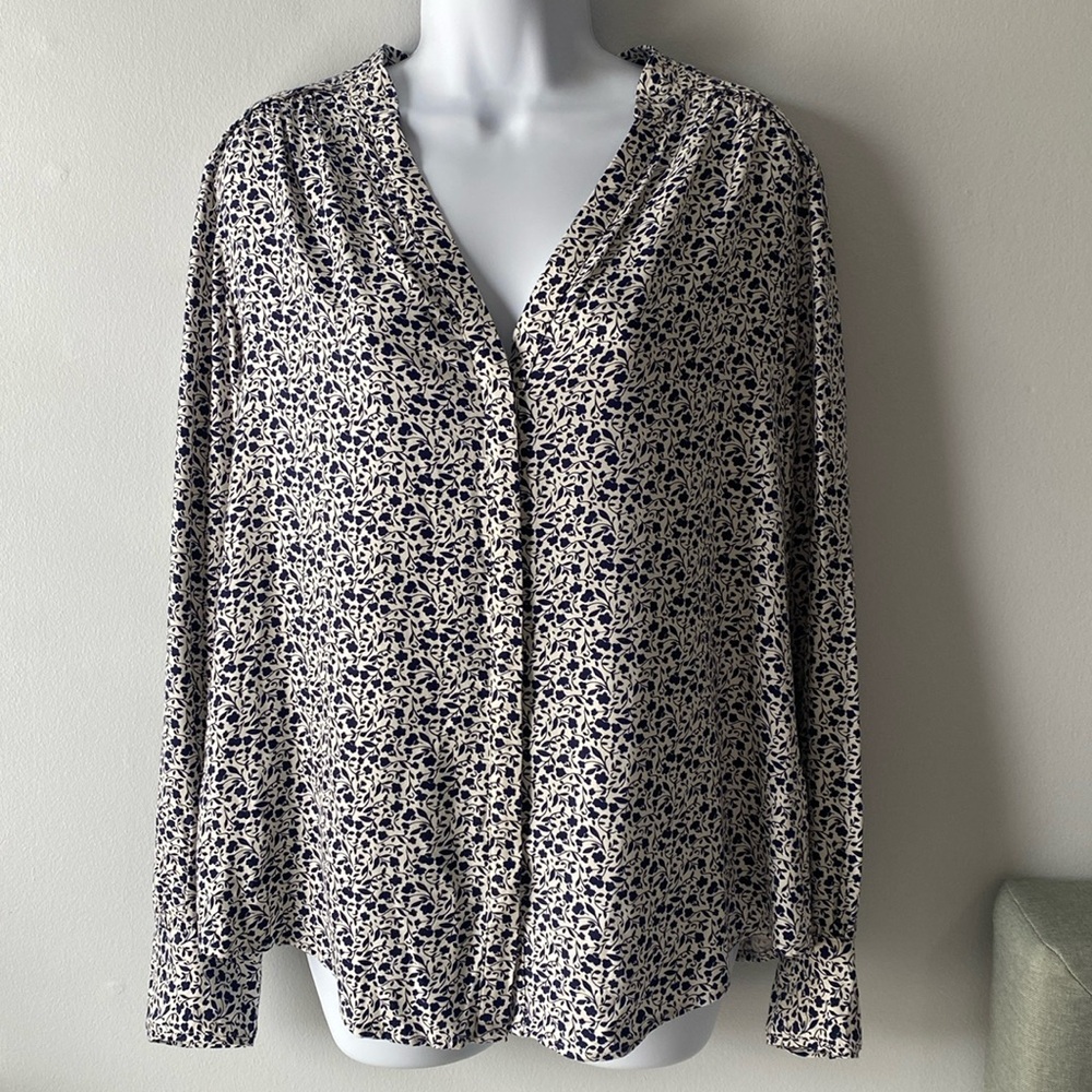 Boden Women US 12 White/Blue Annora Long Sleeve Button Up Blouse V-Neck
